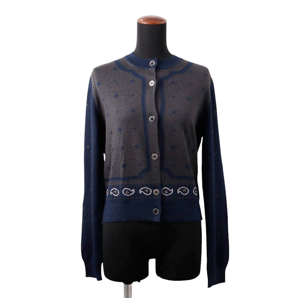HERMES Cardigan HARNAIS DE COUR Size 40 Gray/Navy Cashmere50% Silk50%