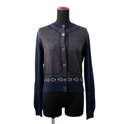 HERMES Cardigan HARNAIS DE COUR Size 40 Gray/Navy Cashmere50% Silk50%
