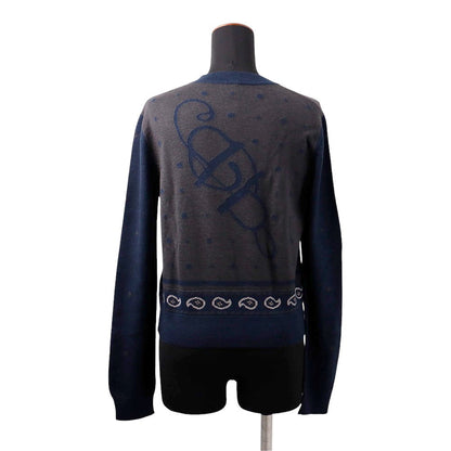 HERMES Cardigan HARNAIS DE COUR Size 40 Gray/Navy Cashmere50% Silk50%