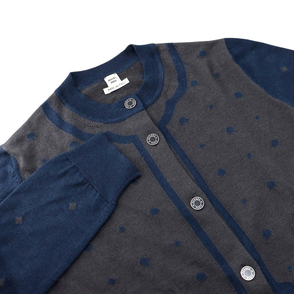 HERMES Cardigan HARNAIS DE COUR Size 40 Gray/Navy Cashmere50% Silk50%