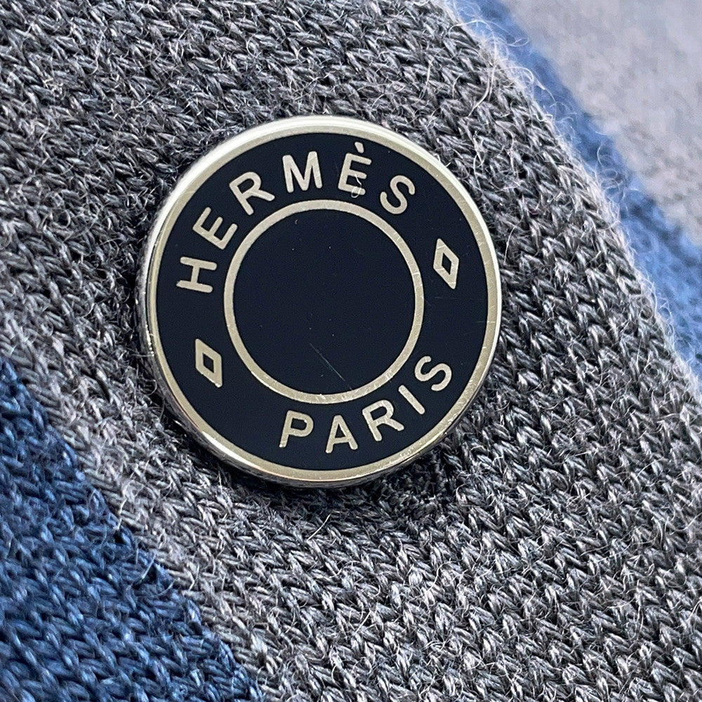 HERMES Cardigan HARNAIS DE COUR Size 40 Gray/Navy Cashmere50% Silk50%
