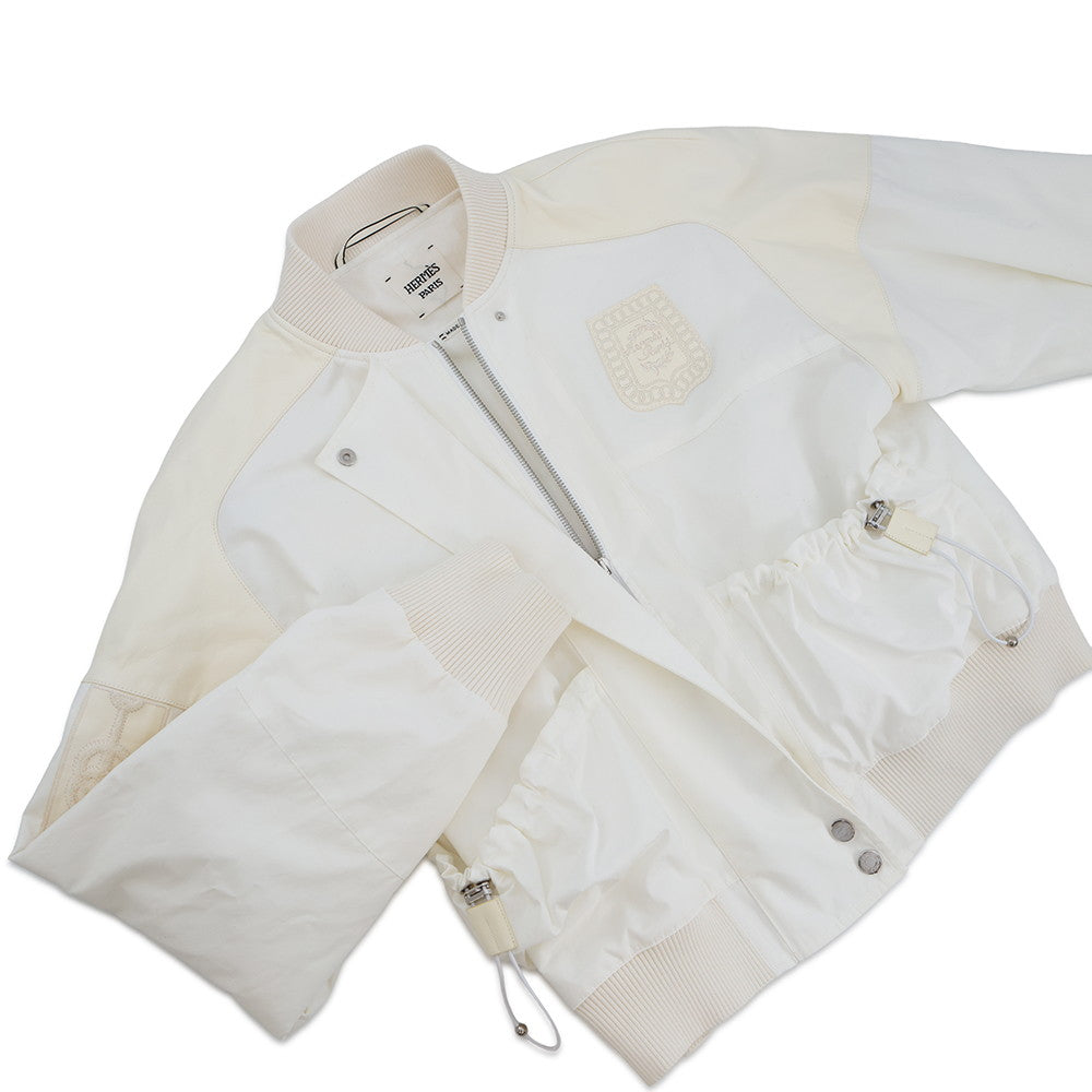HERMES Cliquetis Bomber Jacket Size 38 Ivory Cotton100% Leather Nylon