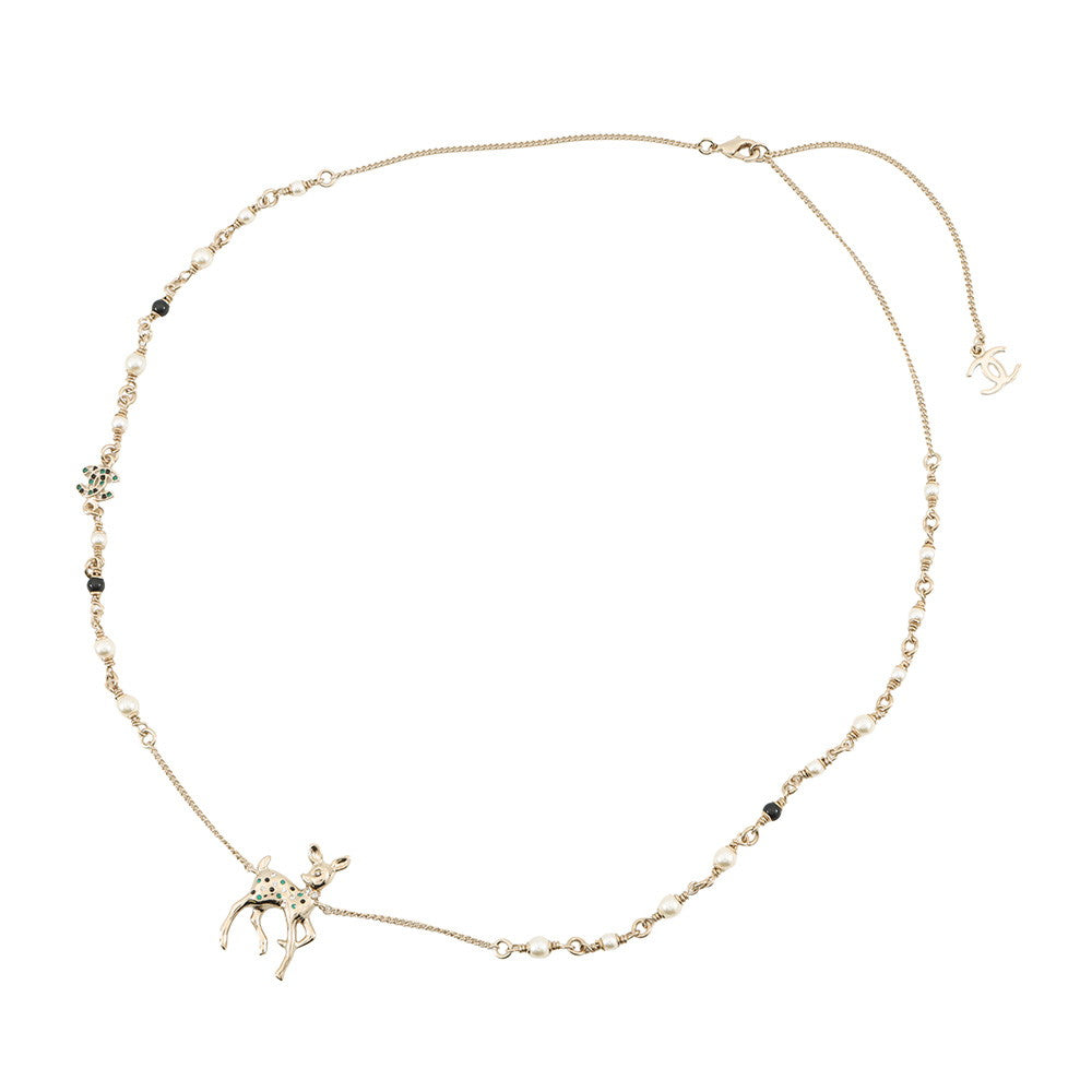 CHANEL Bambi motif long necklace Gold Metal Faux Pearl Rhinestone