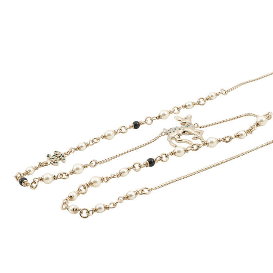 CHANEL Bambi motif long necklace Gold Metal Faux Pearl Rhinestone