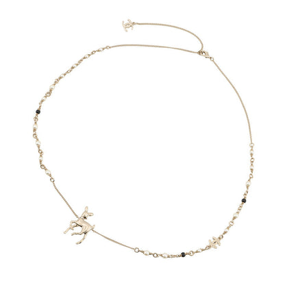 CHANEL Bambi motif long necklace Gold Metal Faux Pearl Rhinestone