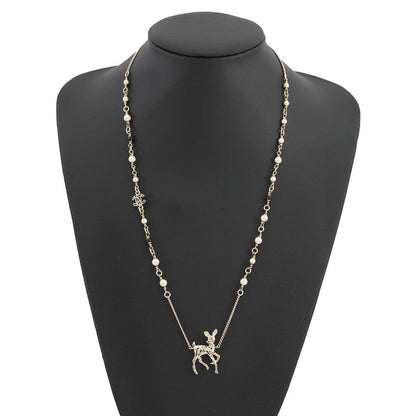 CHANEL Bambi motif long necklace Gold Metal Faux Pearl Rhinestone