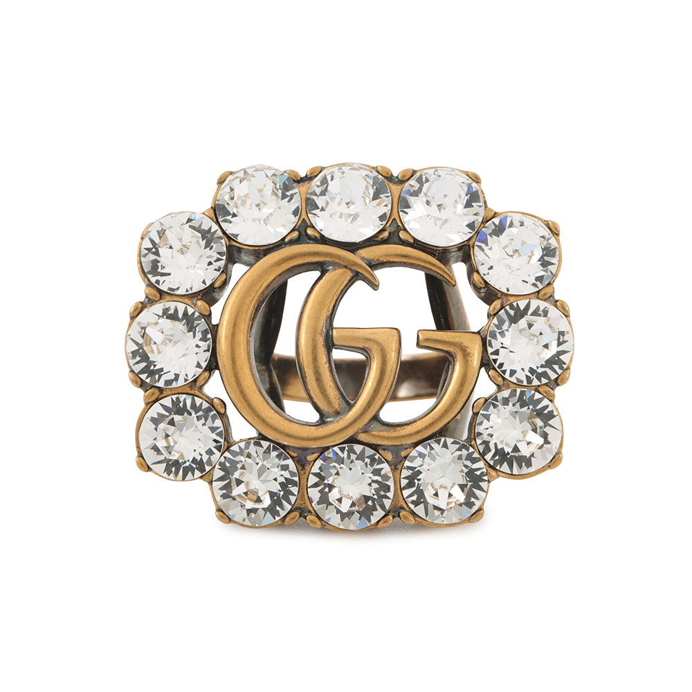 GUCCI Logo Ring Size XS Gold Metal Rhinestone