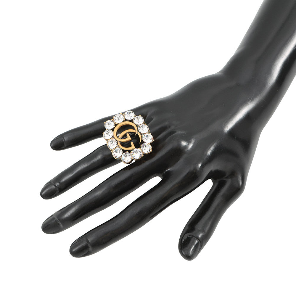GUCCI Logo Ring Size XS Gold Metal Rhinestone