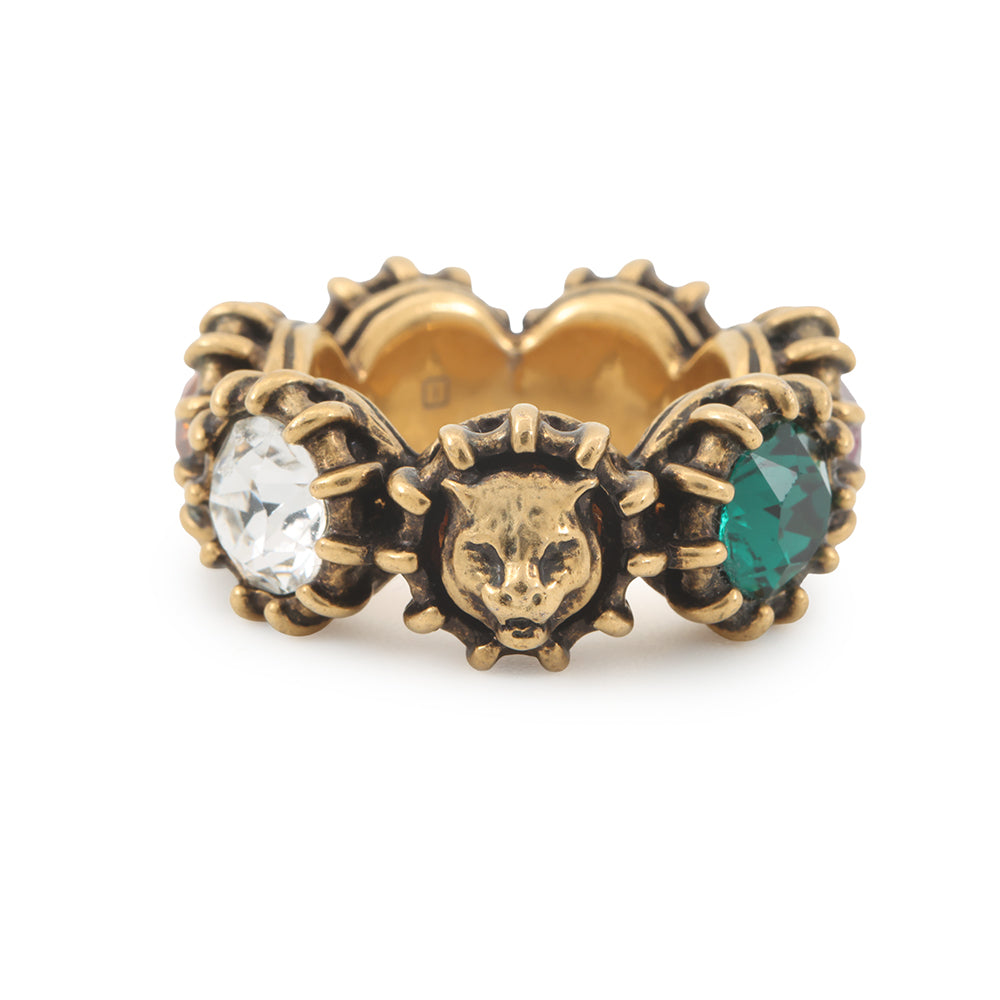 GUCCI cat head ring Size 13 Gold Metal Rhinestone