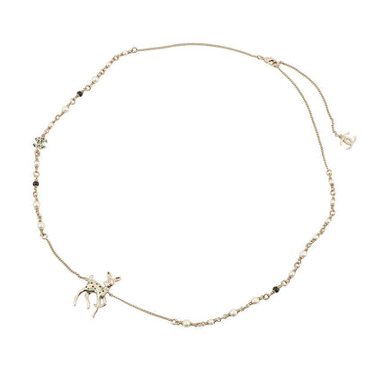CHANEL CC Logo Bambi Motif Long Necklace Gold Plated Rhinestone Faux Pearl