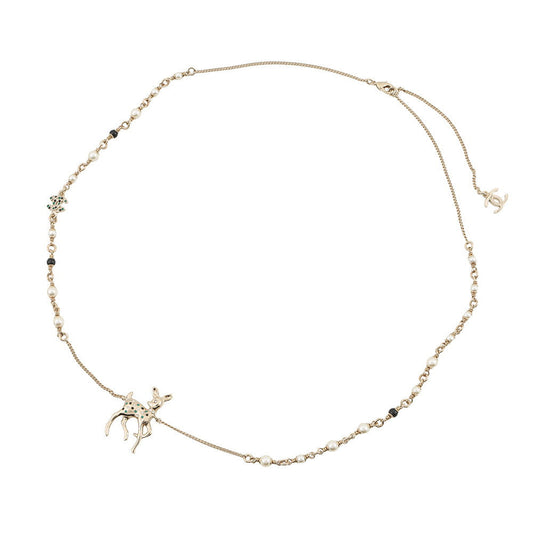 CHANEL CC Logo Bambi Motif Long Necklace Gold Plated Rhinestone Faux Pearl