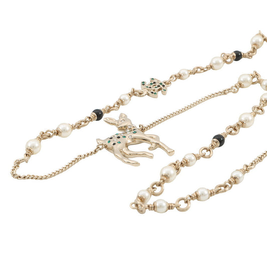 CHANEL CC Logo Bambi Motif Long Necklace Gold Plated Rhinestone Faux Pearl