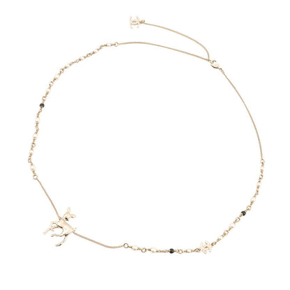 CHANEL CC Logo Bambi Motif Long Necklace Gold Plated Rhinestone Faux Pearl