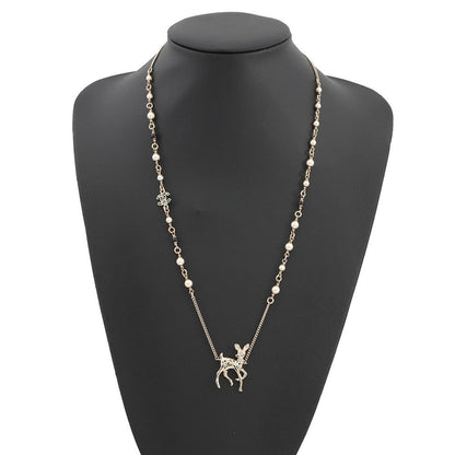 CHANEL CC Logo Bambi Motif Long Necklace Gold Plated Rhinestone Faux Pearl