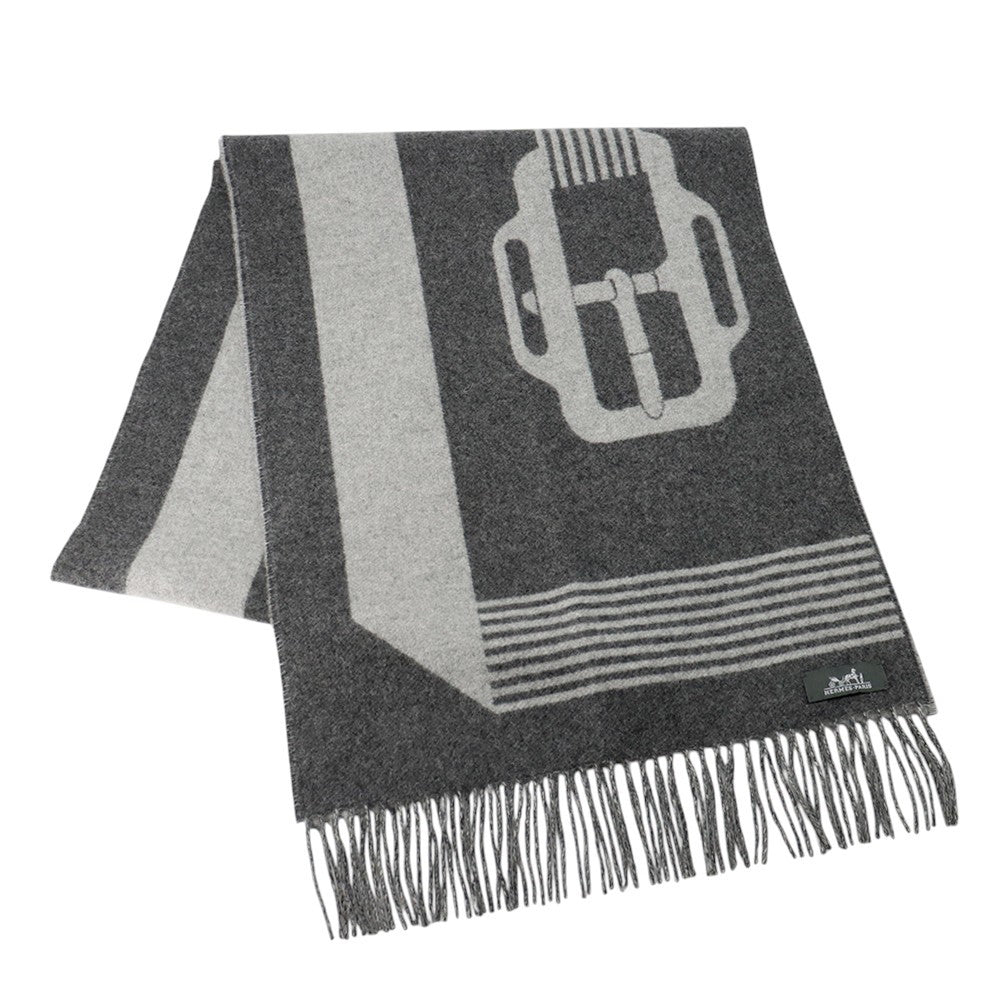 HERMES Scarf《Sangle a Boucle》 Antogracito/Gris Clair Cashmere100%