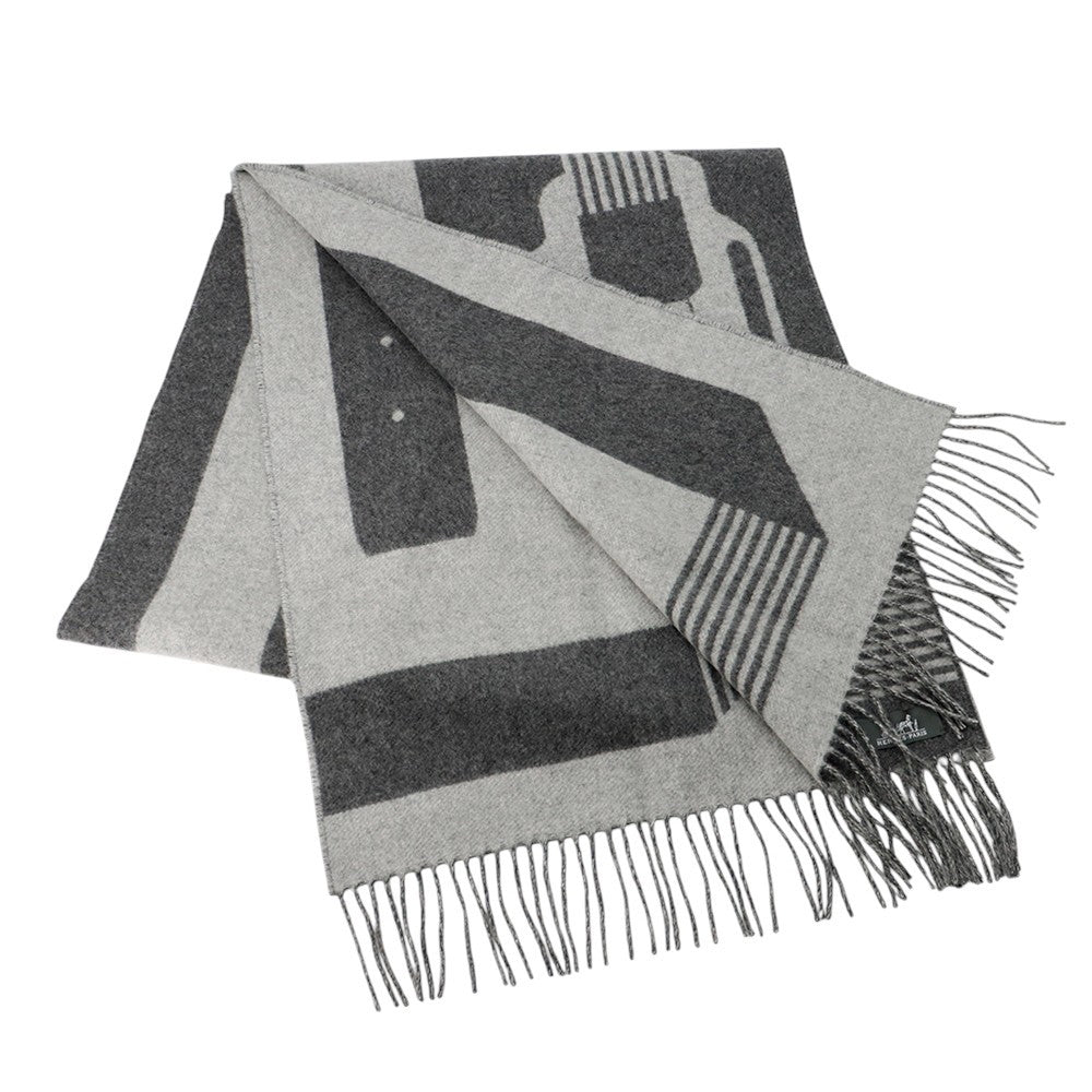 HERMES Scarf《Sangle a Boucle》 Antogracito/Gris Clair Cashmere100%