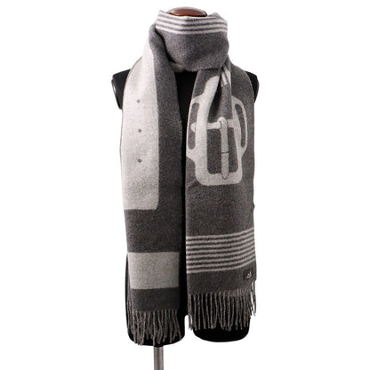 HERMES Scarf《Sangle a Boucle》 Antogracito/Gris Clair Cashmere100%