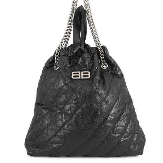 BALENCIAGA BB Logo Crushed Quilted ChainShoulder Bag Black742941 Crushed Calf Leather Size Medium