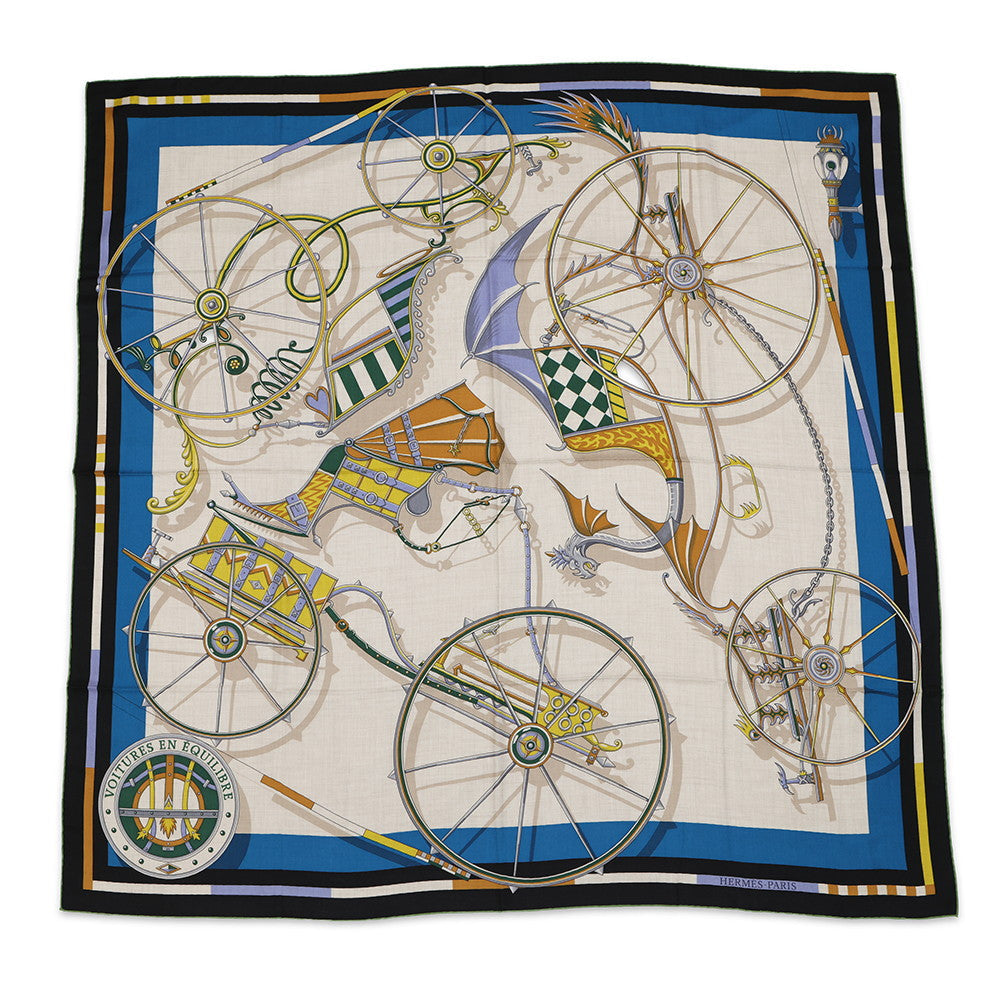 HERMES Giant Square Elaborate carriage VOITURES EN EQUILIBRE Fall/Winter 2023 Size 140 Black/Blue Cobalt/Natural Cashmere70% Silk30%
