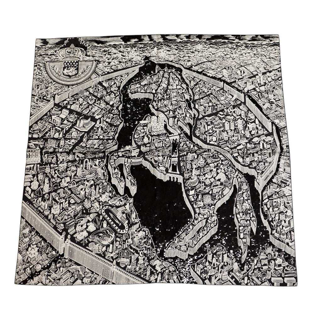 HERMES Carre Precieux Cité Cavaliere, the city of night cavalry Size 90 Black Silk100% Spangol