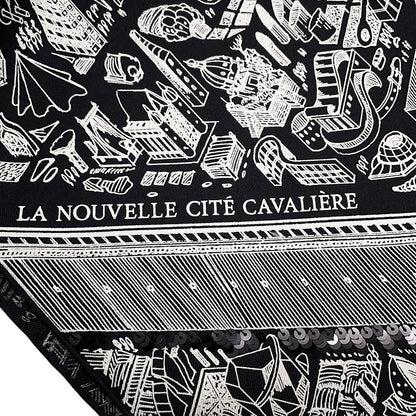 HERMES Carre Precieux Cité Cavaliere, the city of night cavalry Size 90 Black Silk100% Spangol