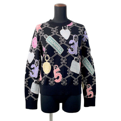 CHANEL Logo sweateater Size 36 Black/MulticolorP72298 Cashmere99% Elastine1%