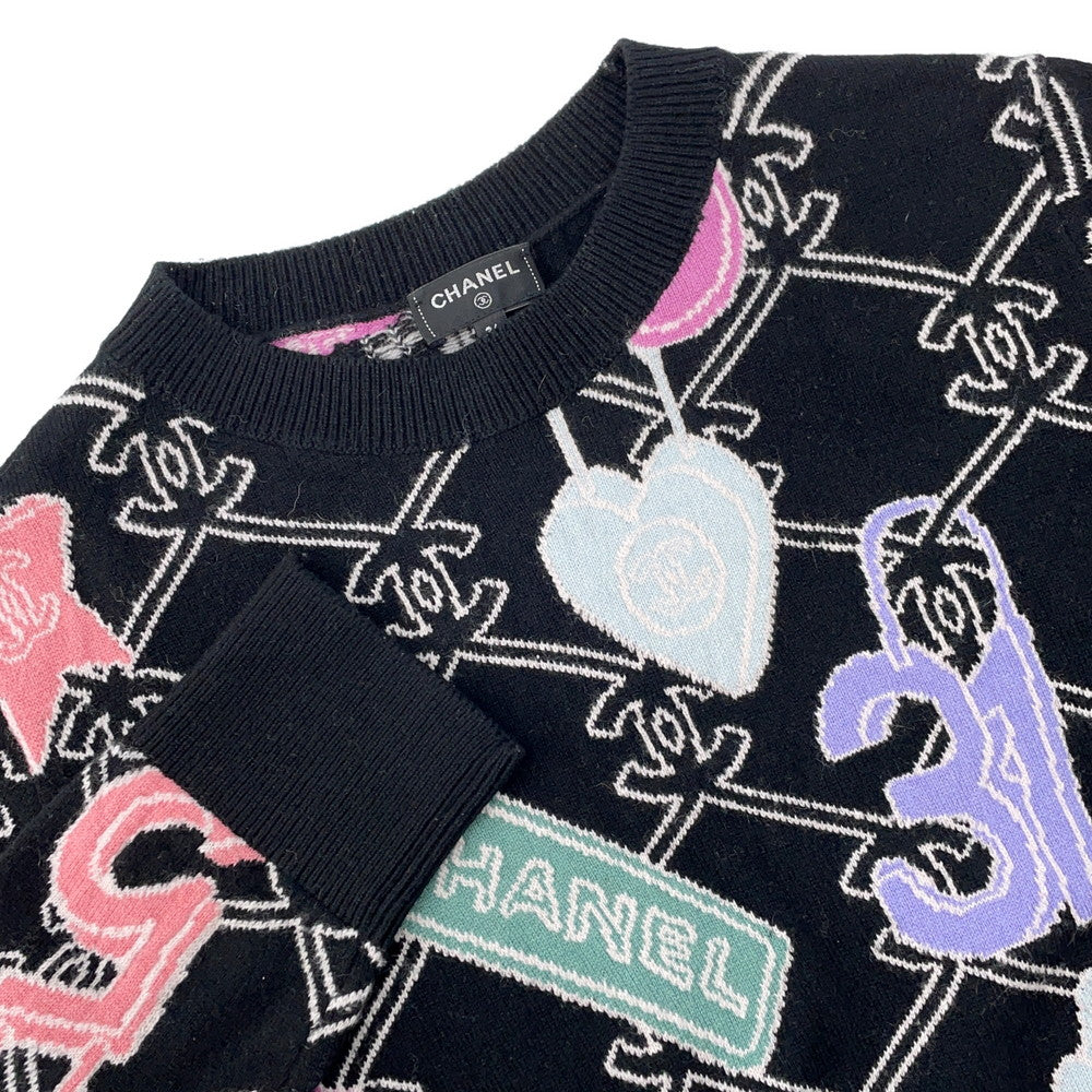CHANEL Logo sweateater Size 36 Black/MulticolorP72298 Cashmere99% Elastine1%