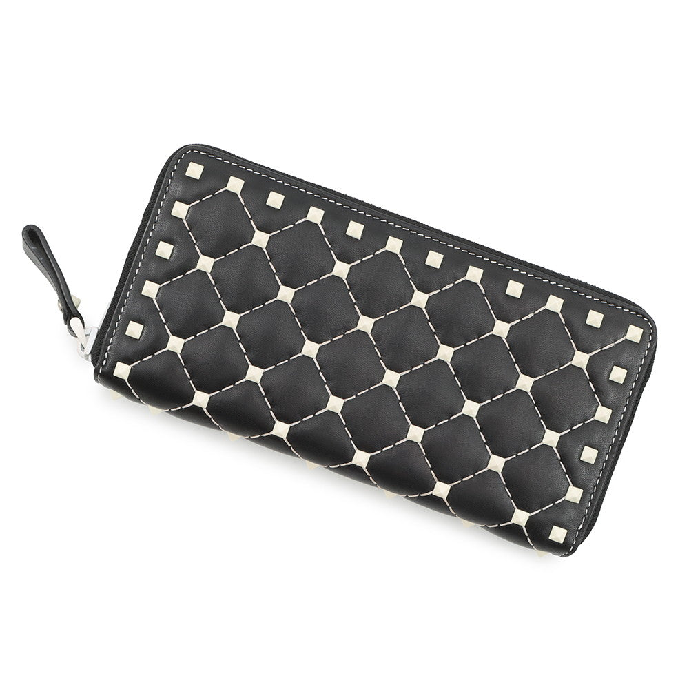 Valentino Garavani Lock Studded Round Zip Long Wallet Black Leather