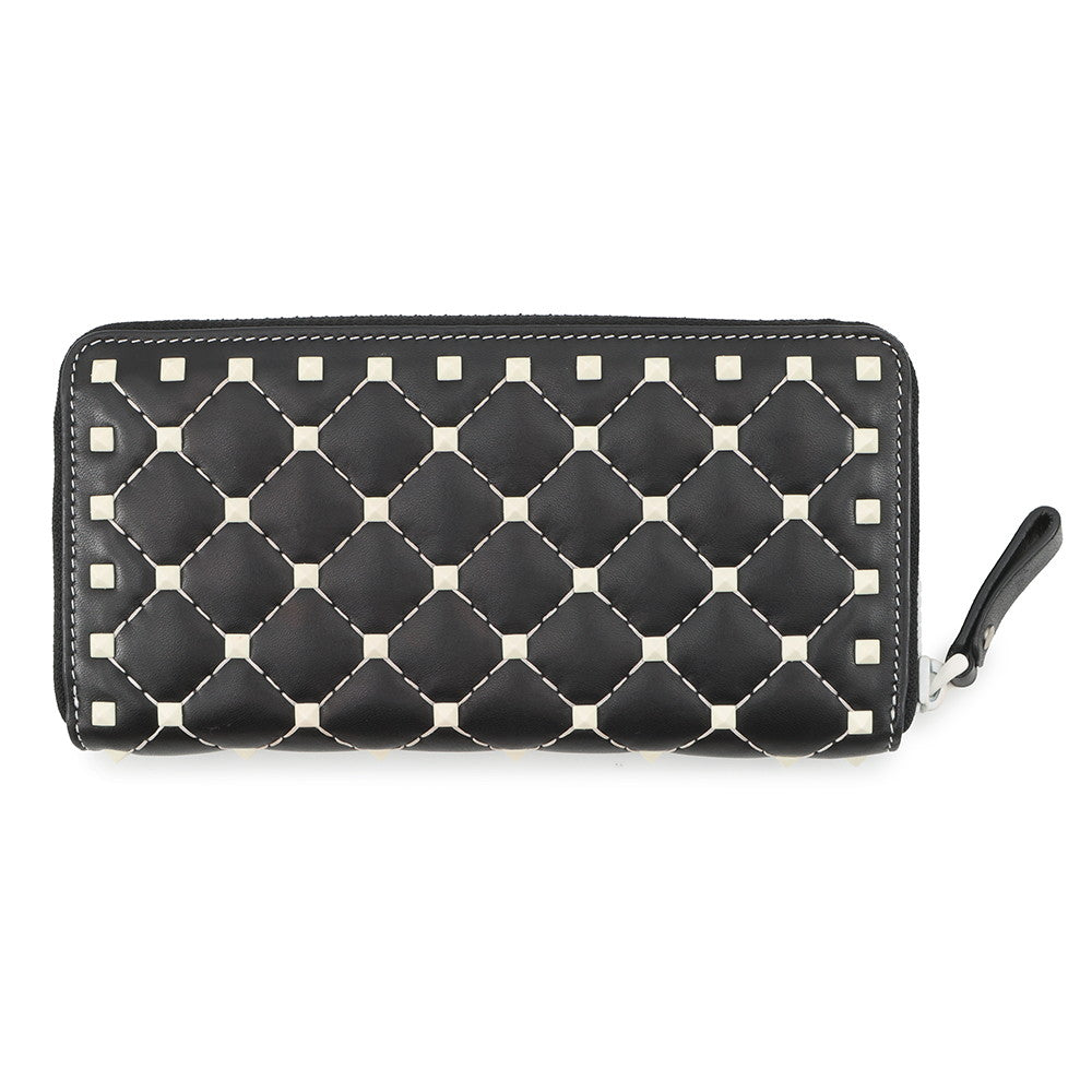 Valentino Garavani Lock Studded Round Zip Long Wallet Black Leather