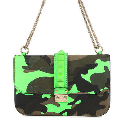 Valentino Garavani Glam Rock Camouflage Chainshoulder Bag Neon Green/Khaki Canvas Leather