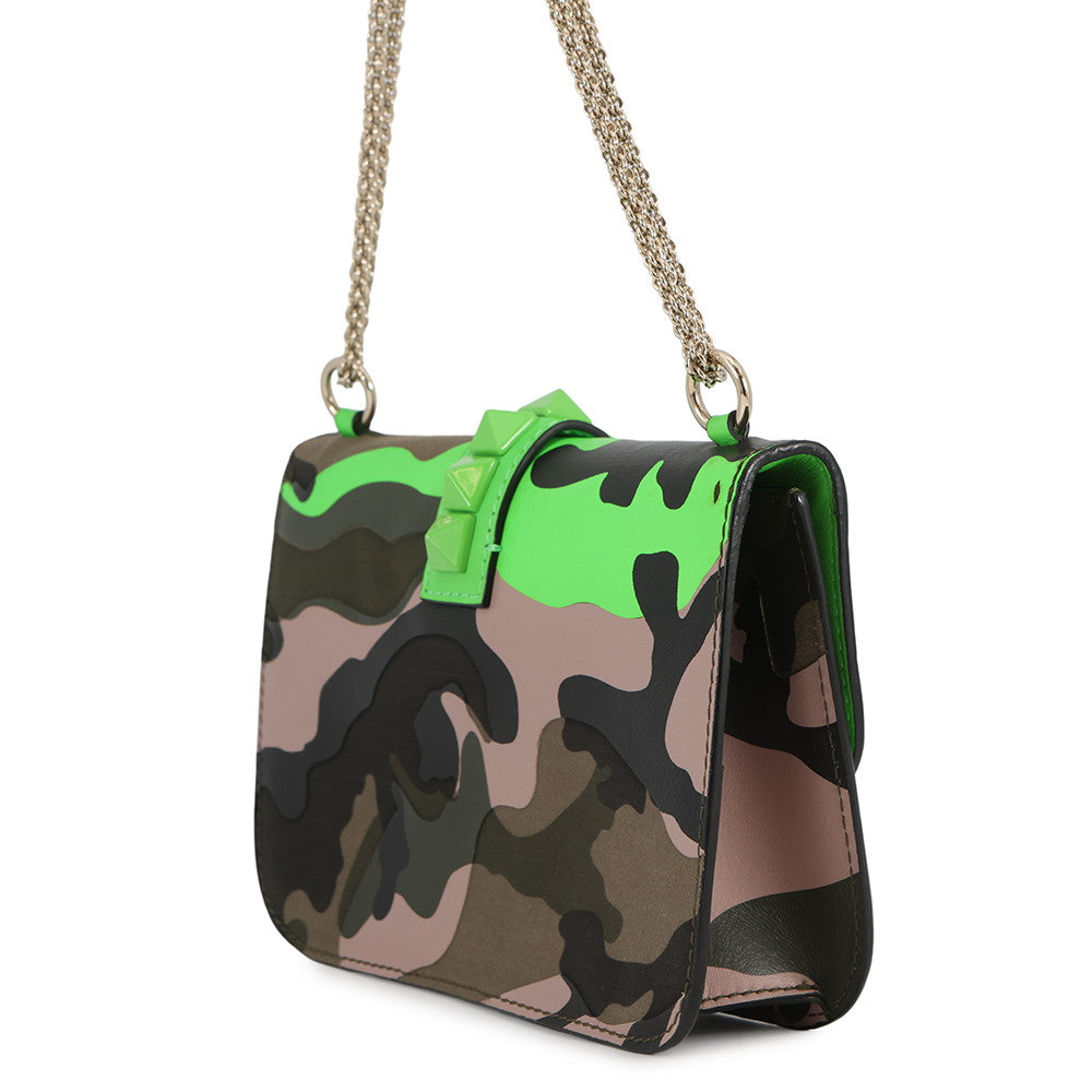 Valentino Garavani Glam Rock Camouflage Chainshoulder Bag Neon Green/Khaki Canvas Leather