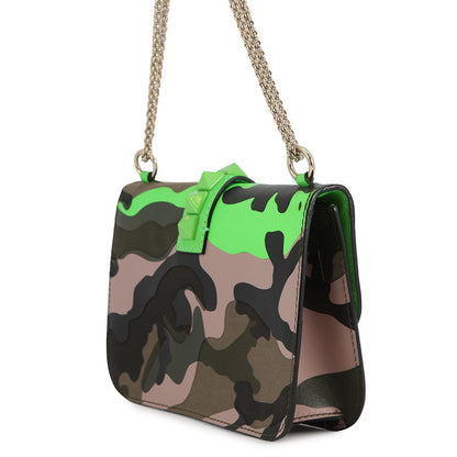 Valentino Garavani Glam Rock Camouflage Chainshoulder Bag Neon Green/Khaki Canvas Leather