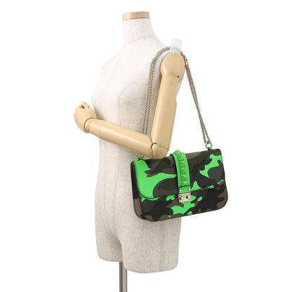 Valentino Garavani Glam Rock Camouflage Chainshoulder Bag Neon Green/Khaki Canvas Leather