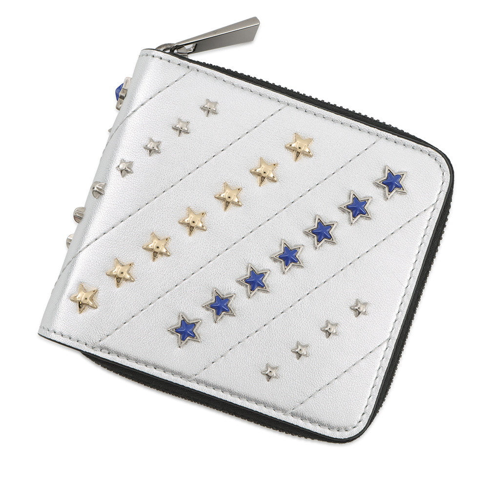 JIMMY CHOO LAWRENCE Star Studded Round Zip Bi-Fold Wallet SilverLAWRENCEAHQ Leather