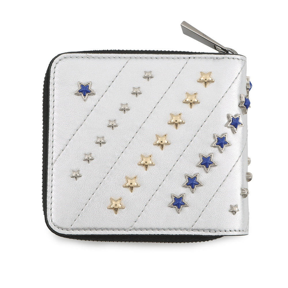 JIMMY CHOO LAWRENCE Star Studded Round Zip Bi-Fold Wallet SilverLAWRENCEAHQ Leather