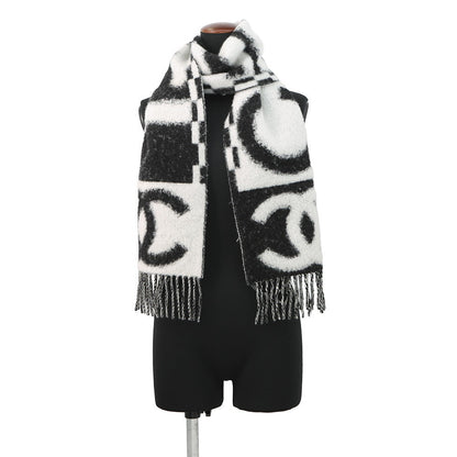 CHANEL Logo scarf White/BlackAAA478 Cashmere93% Silk7%