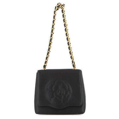 CHANEL Camellia Chain Party Bag Black Satin