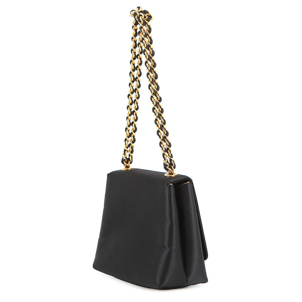 CHANEL Camellia Chain Party Bag Black Satin