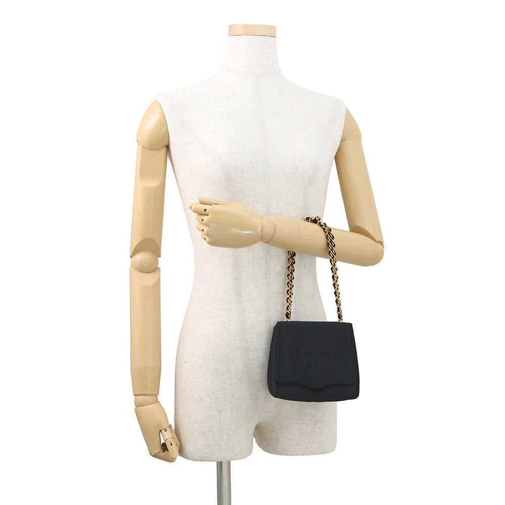 CHANEL Camellia Chain Party Bag Black Satin