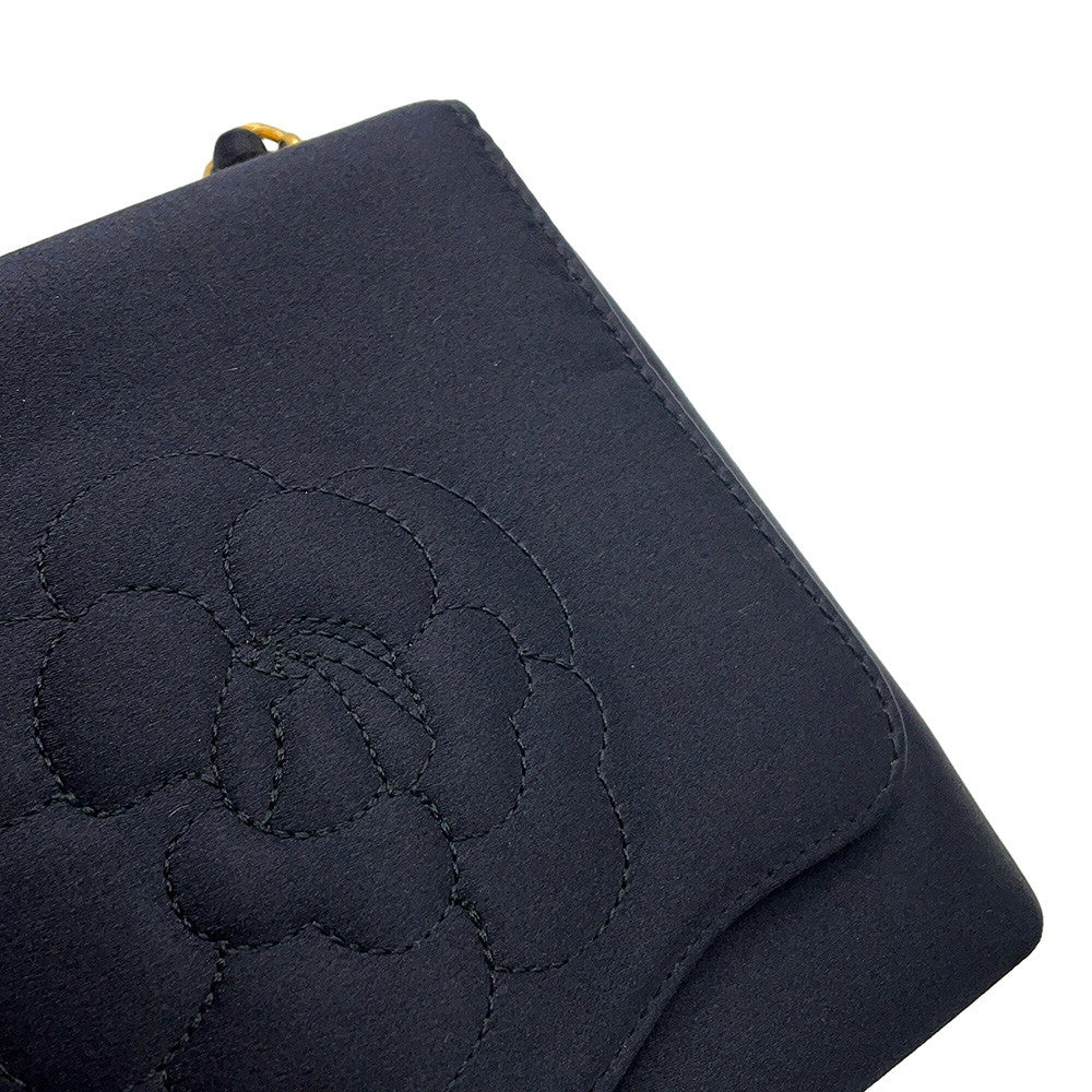 CHANEL Camellia Chain Party Bag Black Satin