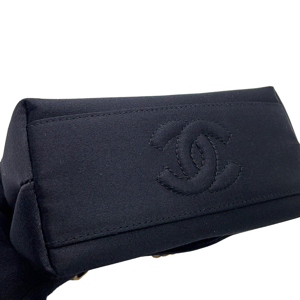 CHANEL Camellia Chain Party Bag Black Satin