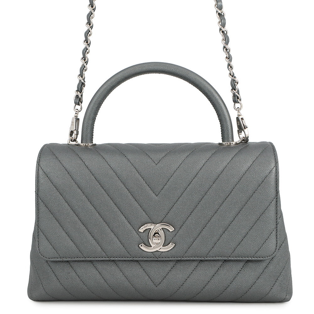 CHANEL Coco Handle Chevron MetalicGrayA92991 Caviar Leather