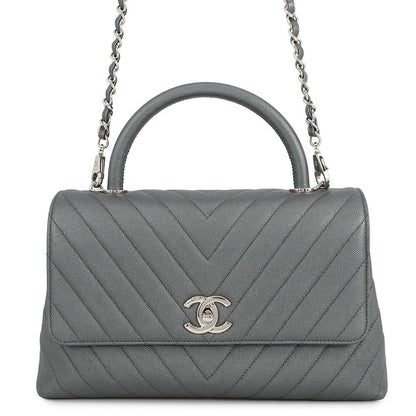 CHANEL Coco Handle Chevron MetalicGrayA92991 Caviar Leather
