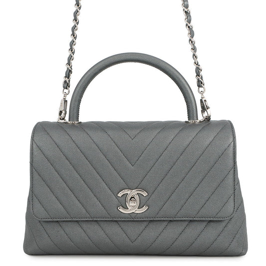 CHANEL Coco Handle Chevron MetalicGrayA92991 Caviar Leather