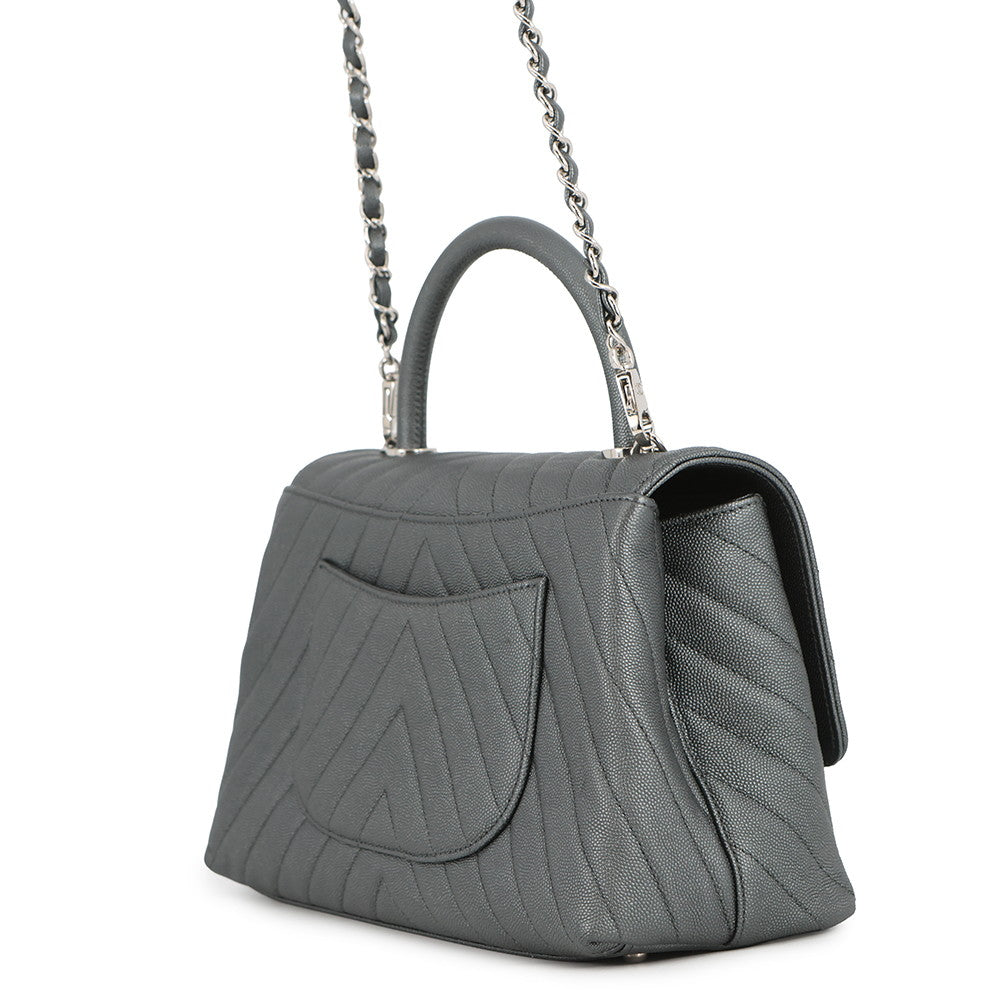 CHANEL Coco Handle Chevron MetalicGrayA92991 Caviar Leather