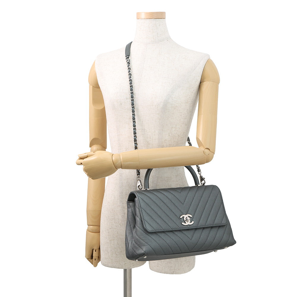CHANEL Coco Handle Chevron MetalicGrayA92991 Caviar Leather