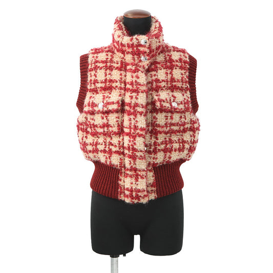 CHANEL Tweed CC Logo Down Vest Size 34 Red/BeigeP77367 Mohair 43% Wool 41% Polyester9% Nylon5% Linen2%