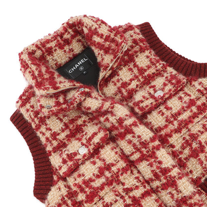 CHANEL Tweed CC Logo Down Vest Size 34 Red/BeigeP77367 Mohair 43% Wool 41% Polyester9% Nylon5% Linen2%