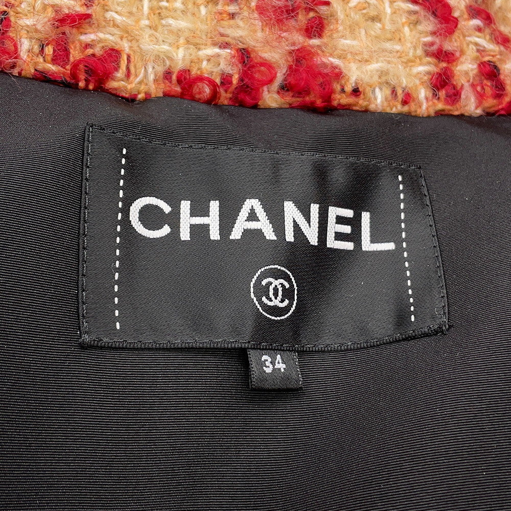 CHANEL Tweed CC Logo Down Vest Size 34 Red/BeigeP77367 Mohair 43% Wool 41% Polyester9% Nylon5% Linen2%