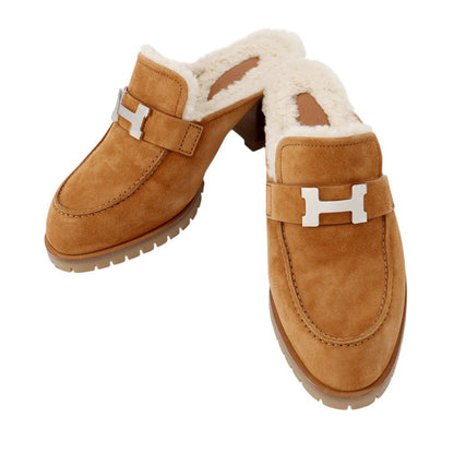 HERMES Mule Flore BrownH222057Z Chevre LeatherVelour Sheepskin Size 37